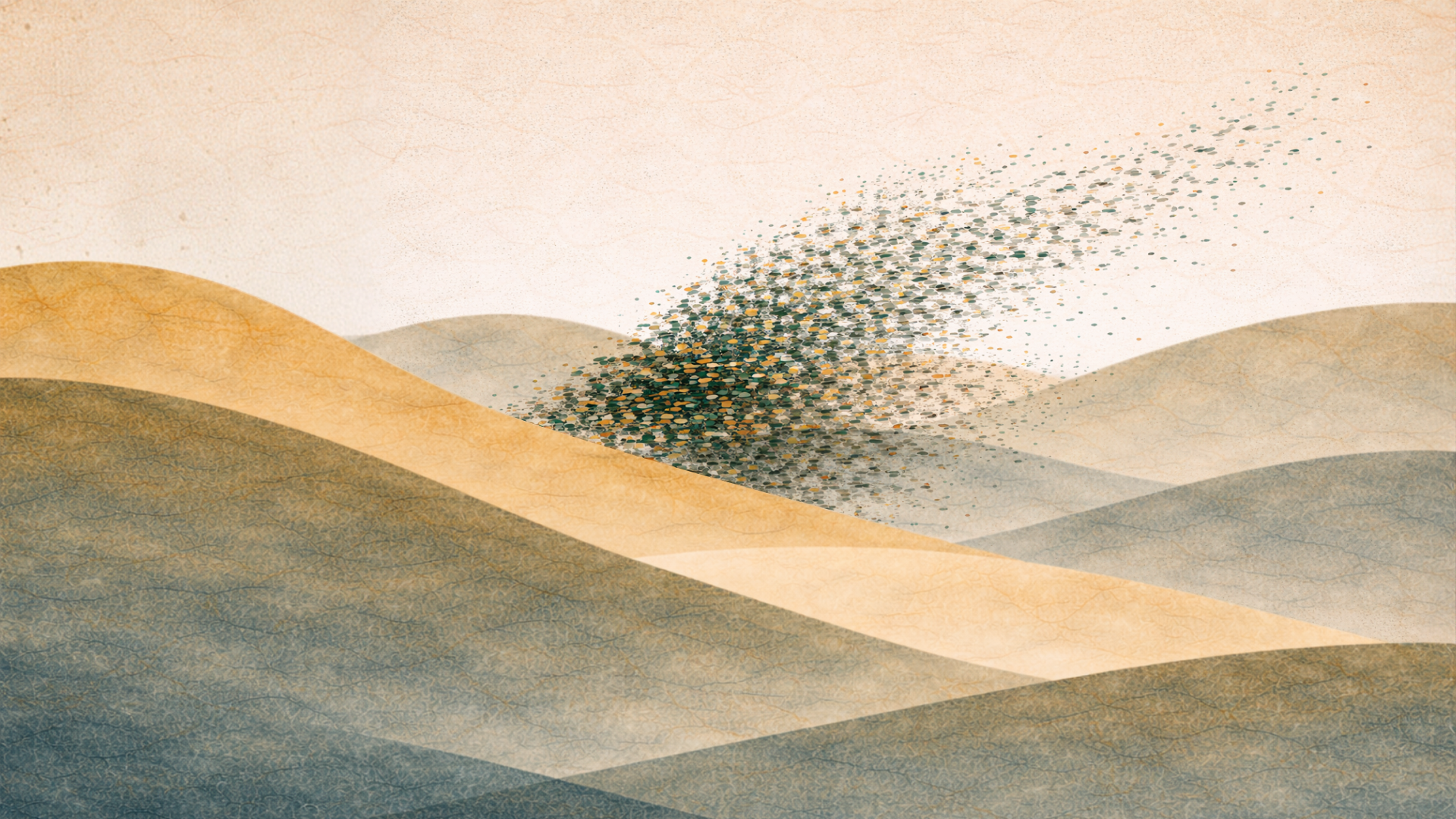 Dunes with a swarm of small forms cresting into the sky