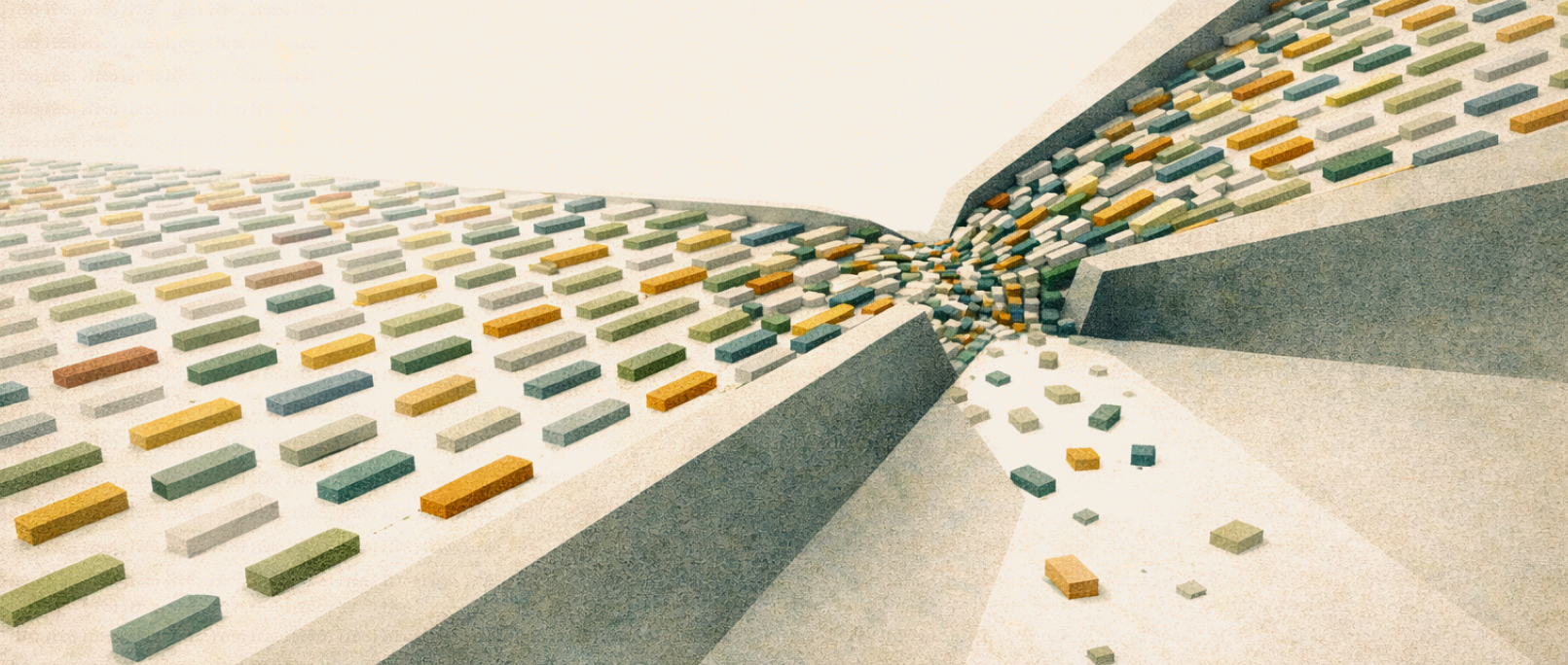 An illustration of cubes converging and tipping into a void