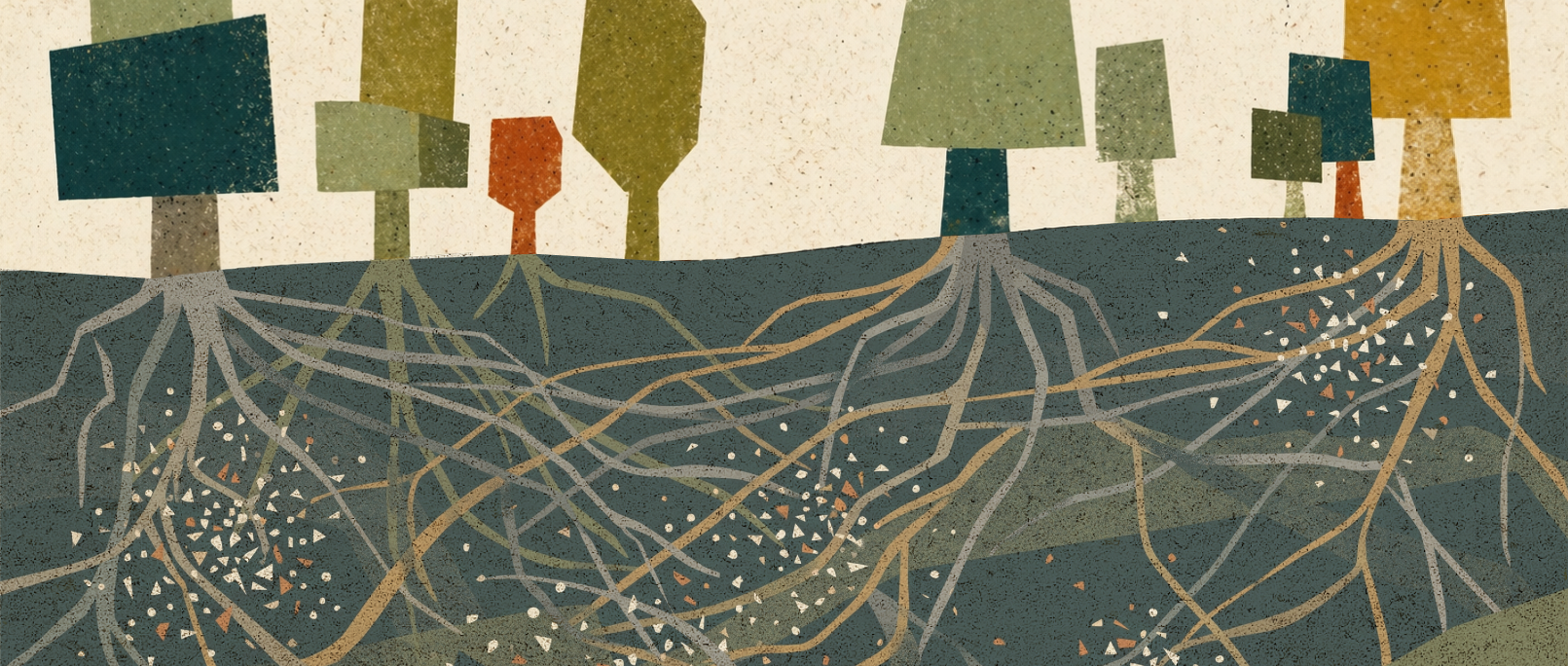 An illustration of a fan of colored shards flowing across a hillside