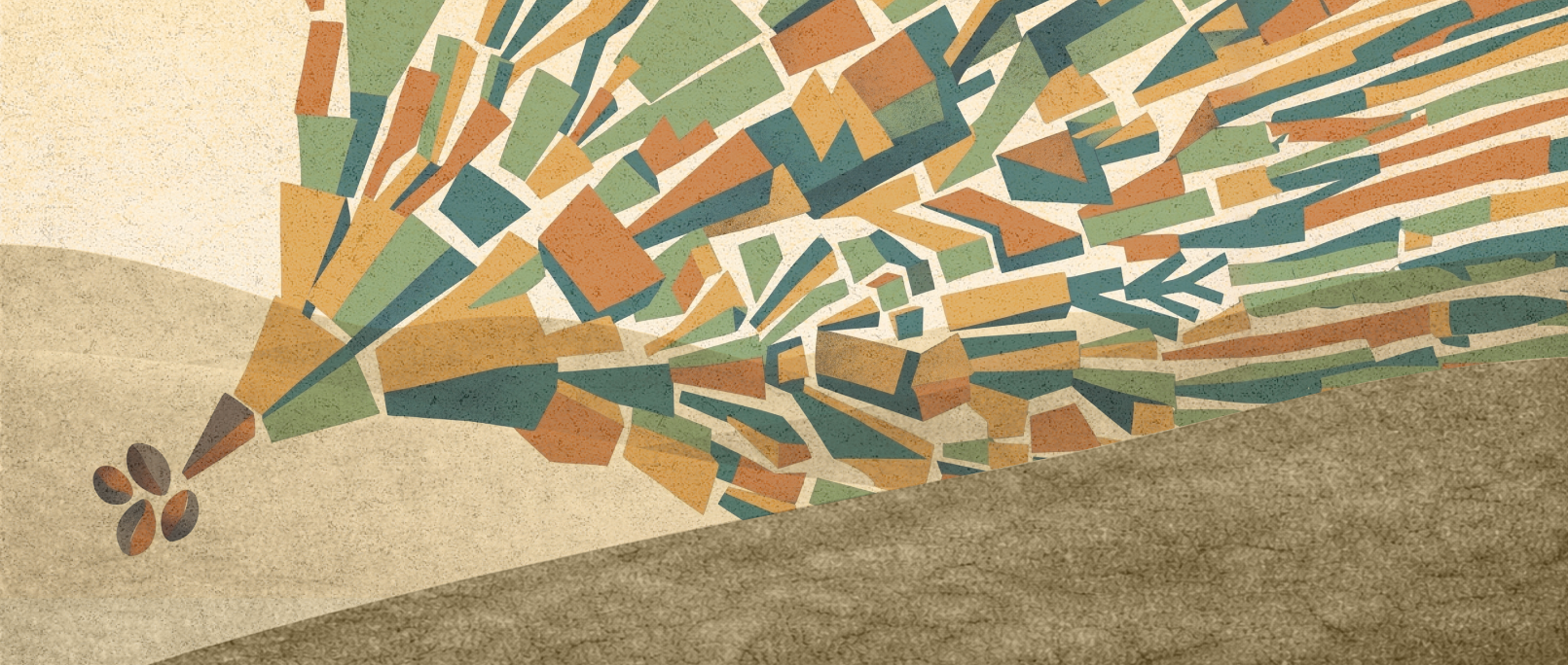 An illustration of three branching tree-like structures emitting clouds of color
