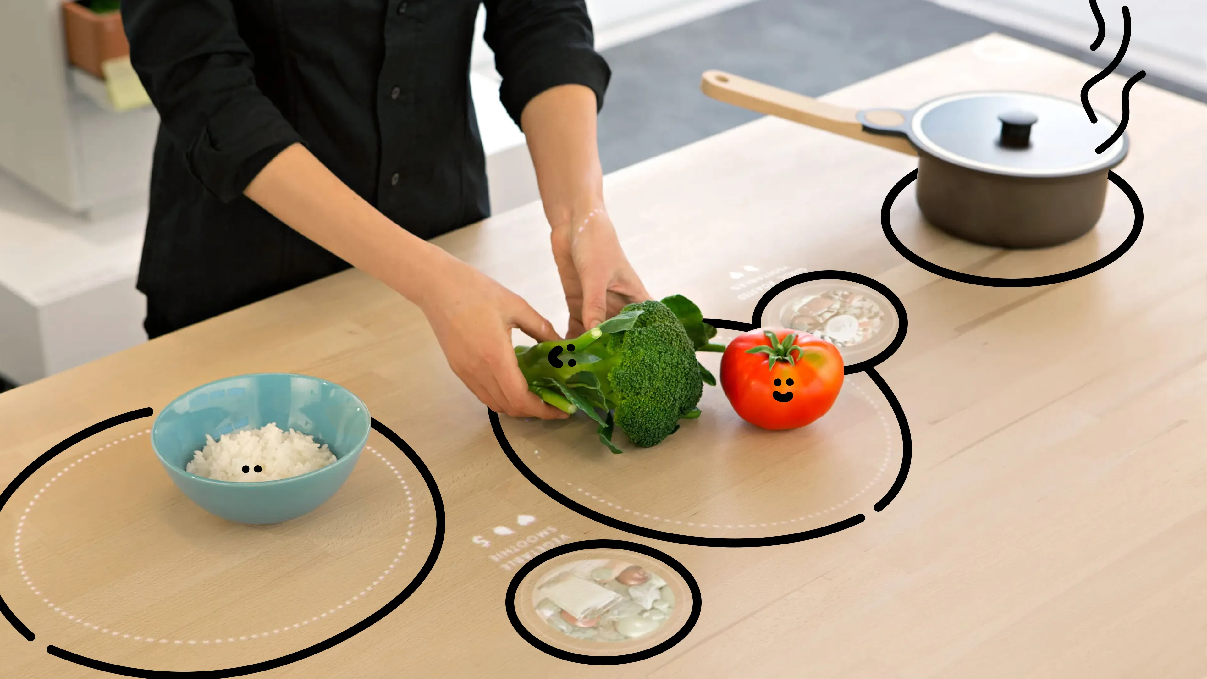 Concept Kitchen 2025 — broccoli, milk carton, and oranges with playful drawn faces inside an open fridge