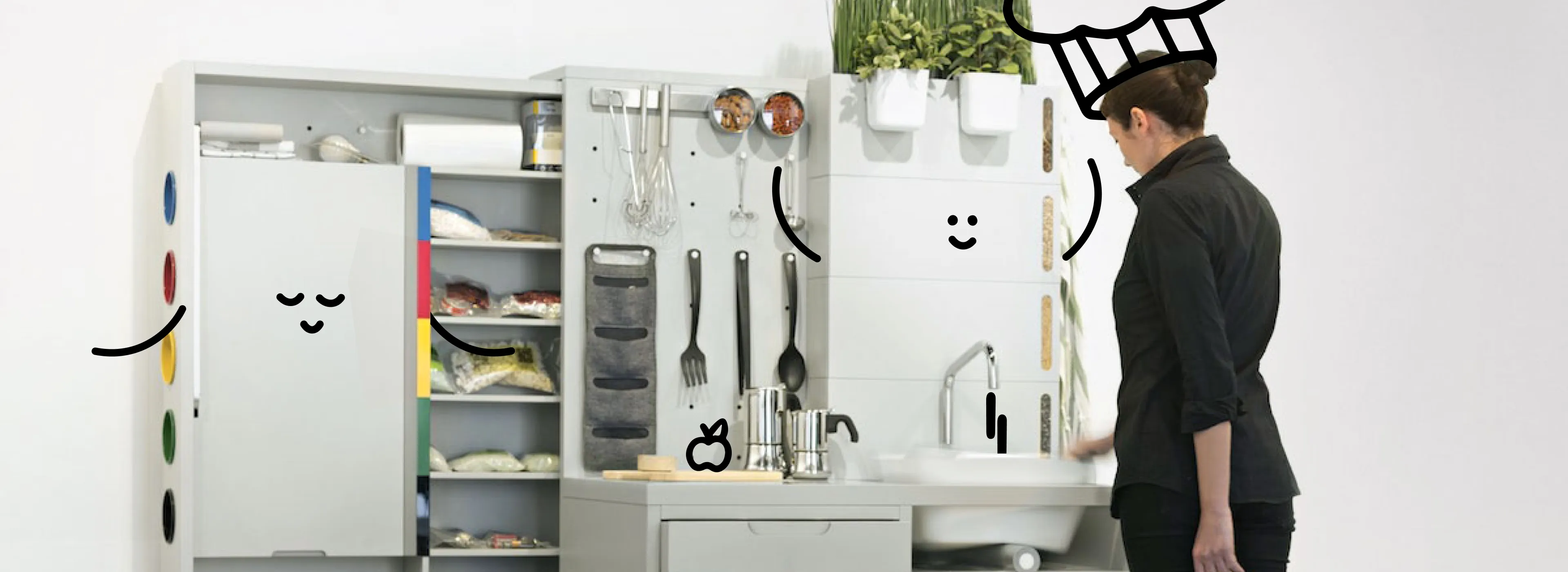 A chef chopping broccoli on a smart kitchen table that projects circular recipe overlays around the food