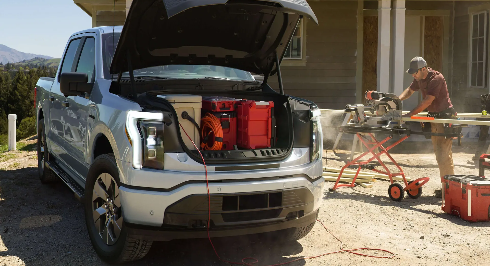 Ford F-150 Lightning powering a job site